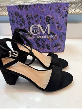 Chelsea Moreland Black Suede Mid Block Heel Sandals
